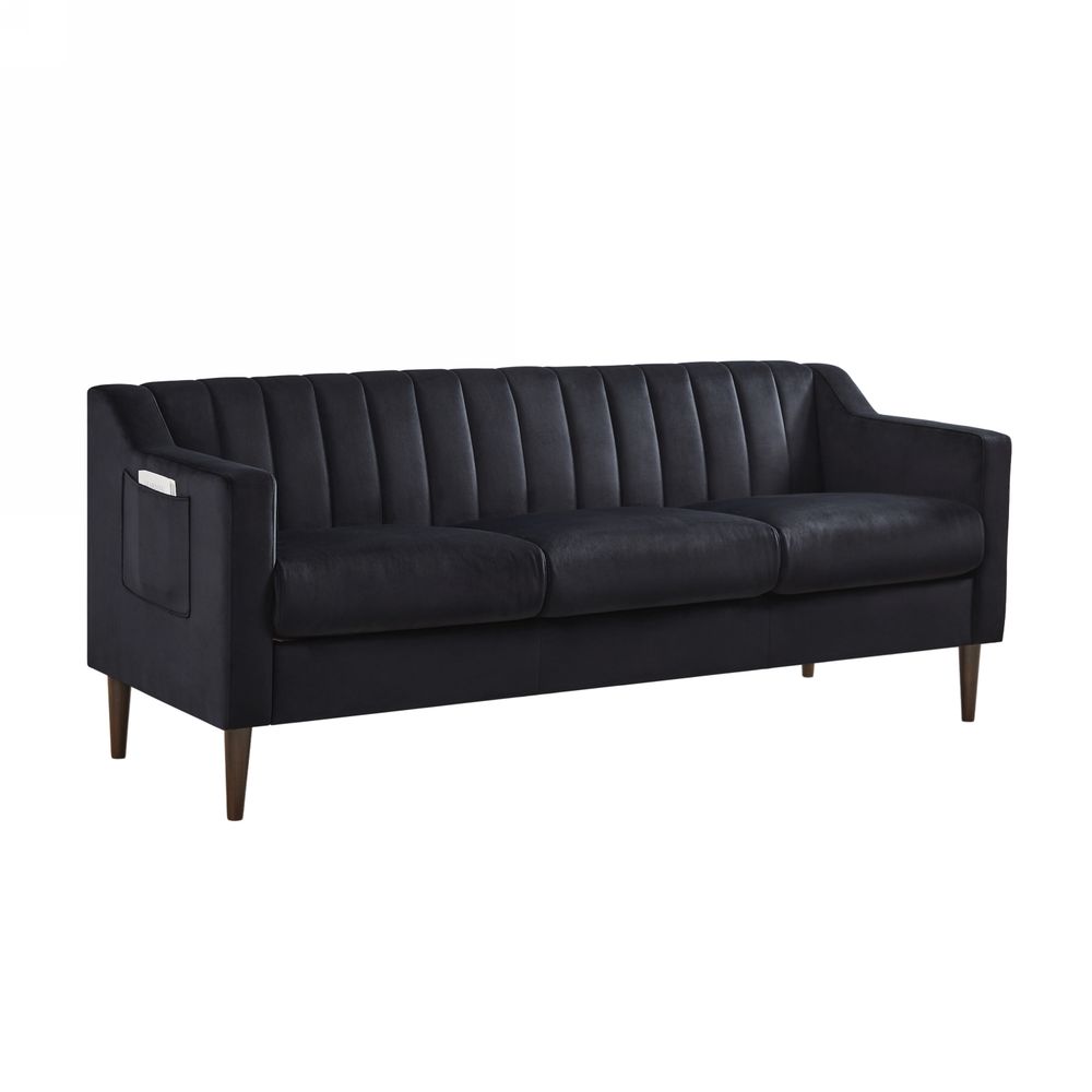 Modern Chesterfield Sofa, Comfortable Upholstered Sofa, Velvet Fabric, Wooden Frame with Wooden Legs, Suitable for Living Room/Bedroom/Office, 3 Seat Sofa - Black