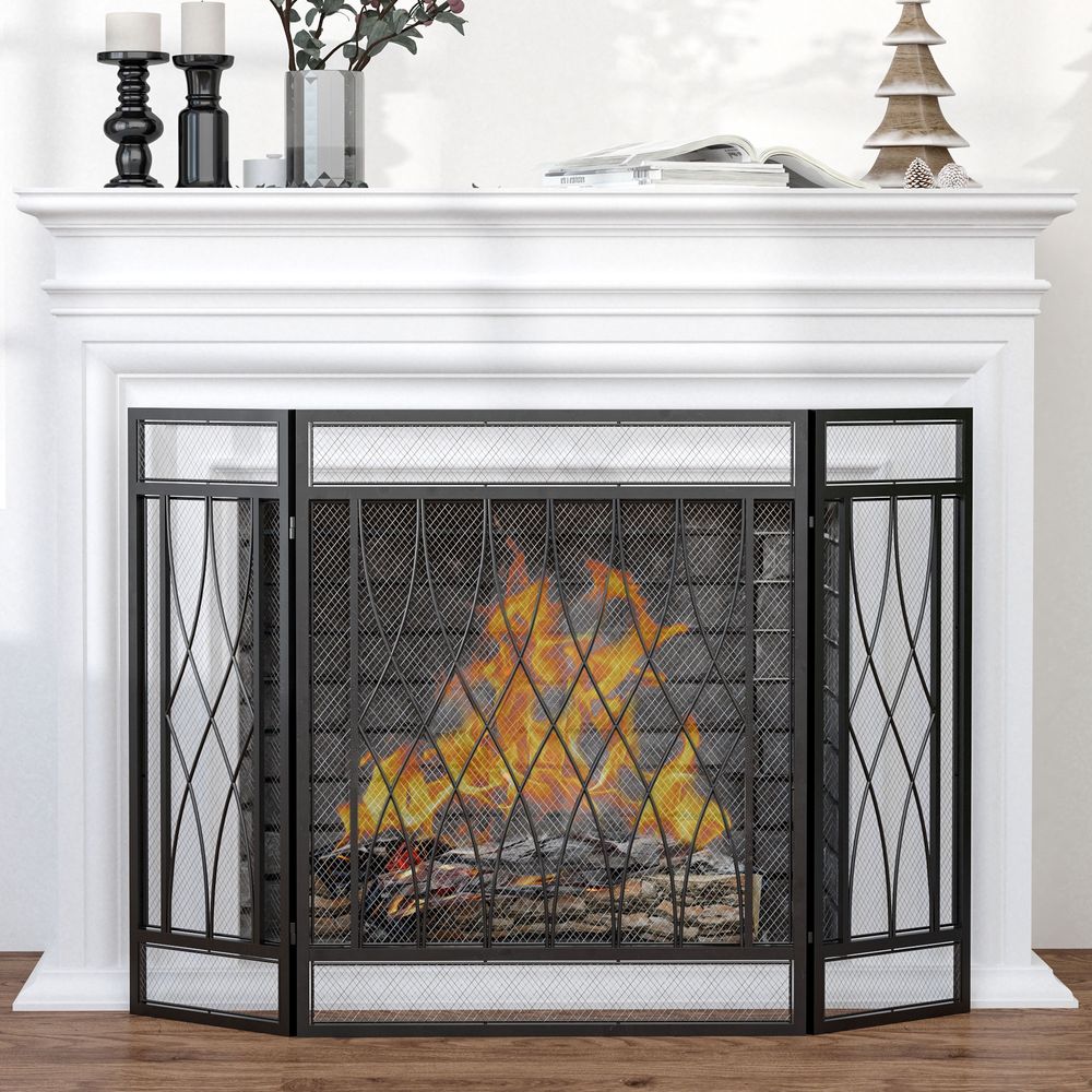 3-Panel Folding Fireplace Screen Metal Mesh Fire Spark Guard Black