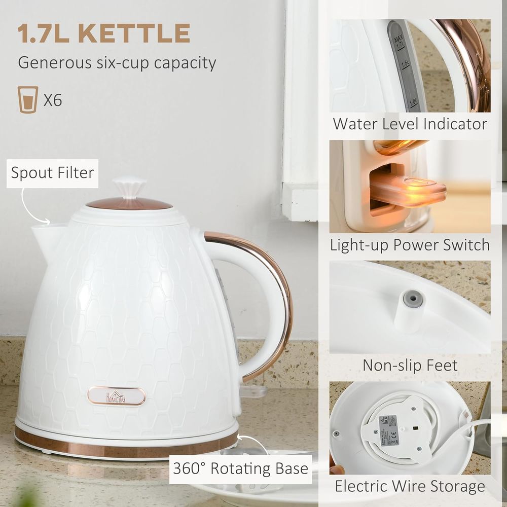 1.7L Kettle and Toaster Set with Defrost, Reheat and Crumb Tray, White