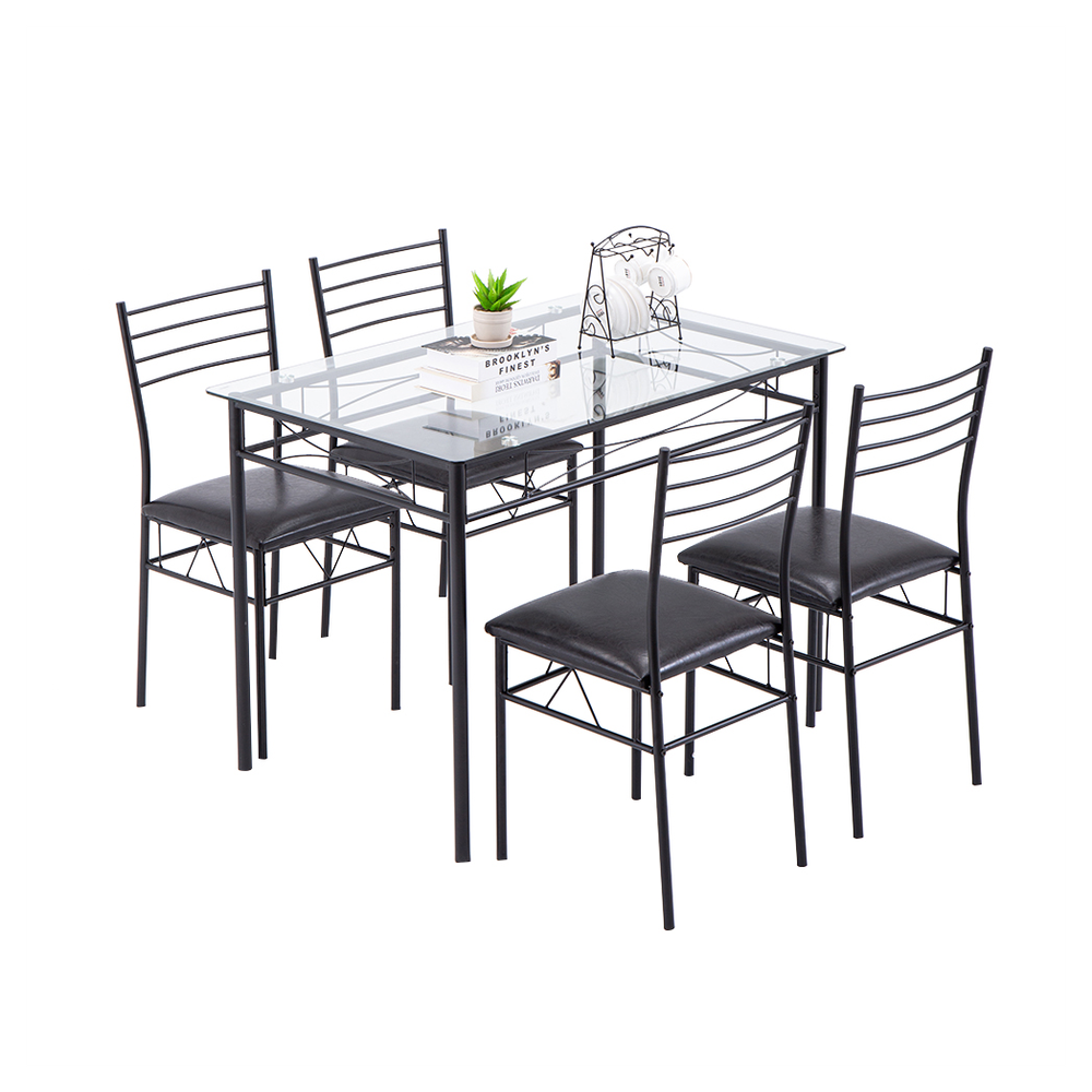 [110 x 70 x 76cm] Iron Glass Dining Table and Chairs Black One Table and Four Chairs PU Cushion