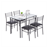 [110 x 70 x 76cm] Iron Glass Dining Table and Chairs Black One Table and Four Chairs PU Cushion