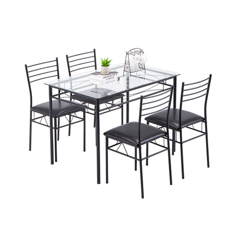 [110 x 70 x 76cm] Iron Glass Dining Table and Chairs Black One Table and Four Chairs PU Cushion