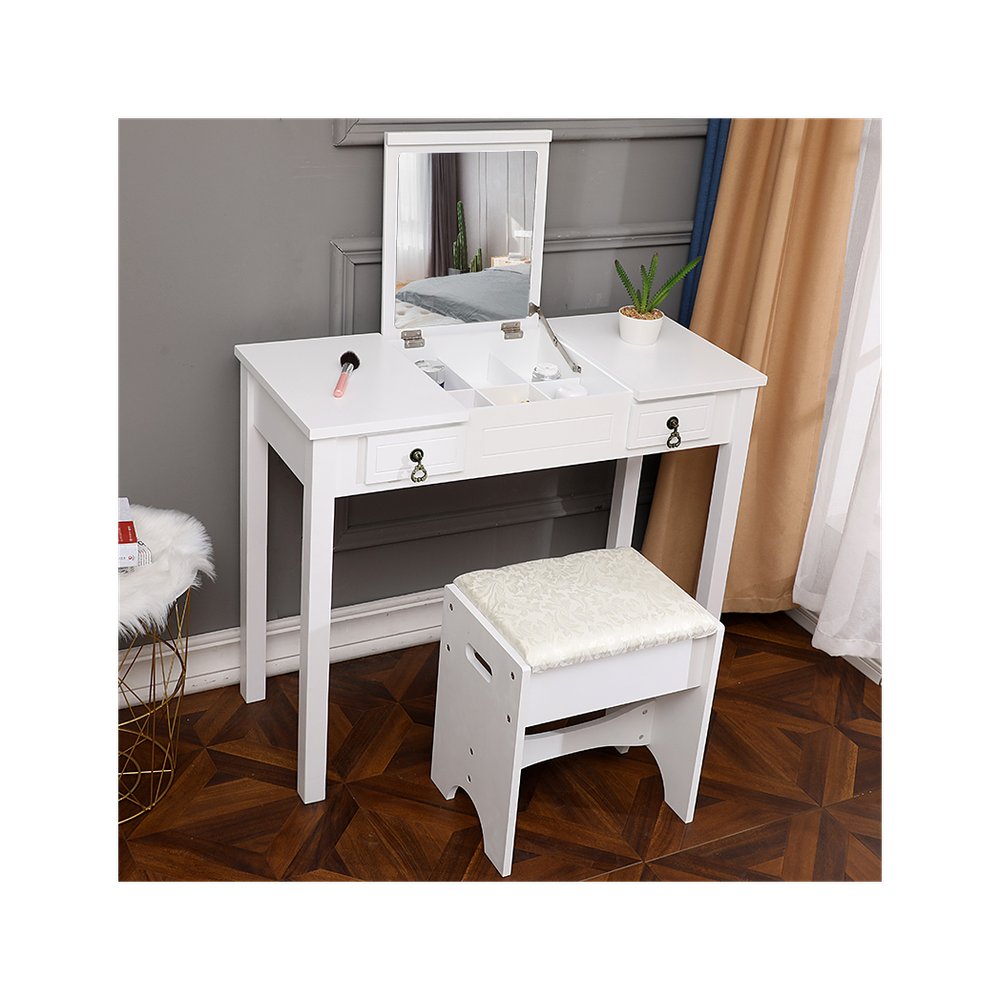 【】Flip Single Mirror Double Drawers Straight Feet Dresser White