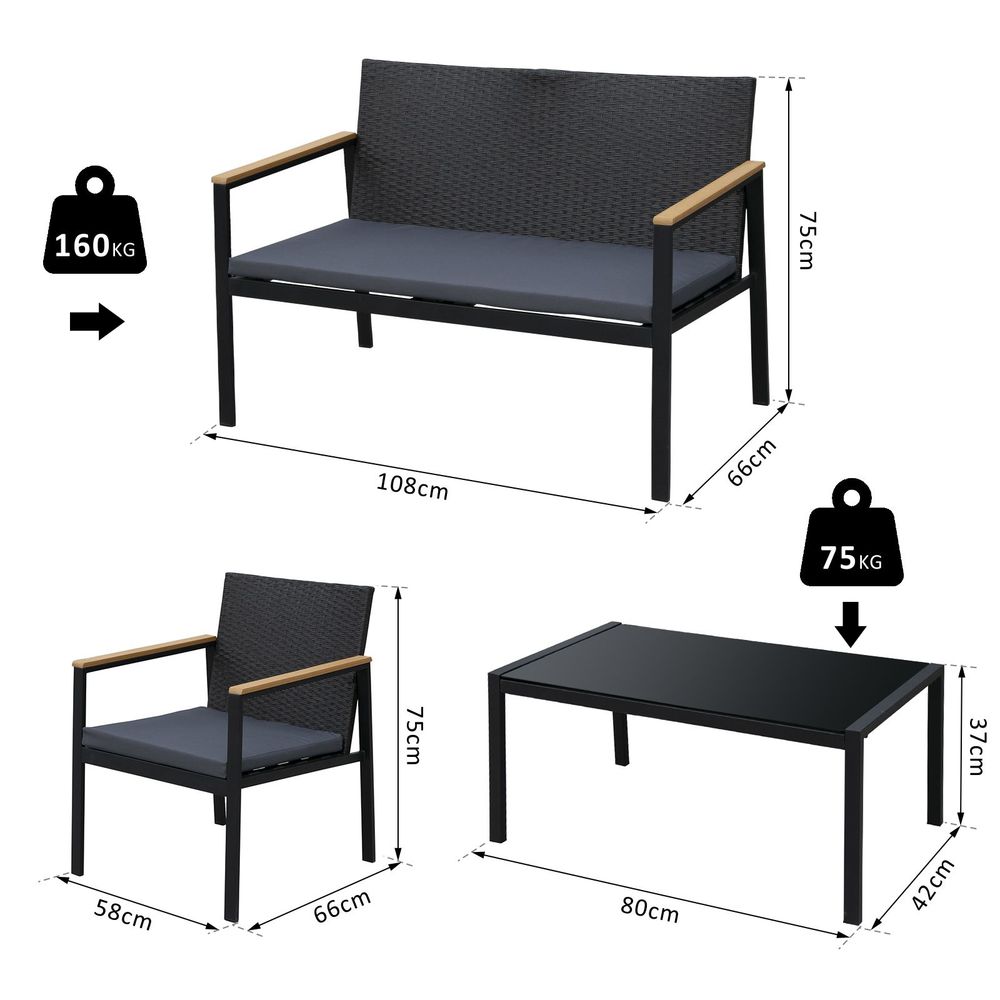 4-Seater Outdoor PE Rattan Table and Chairs Set Black