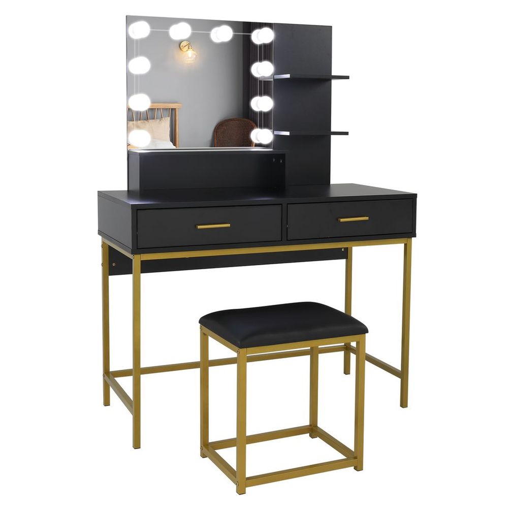 Large Vanity Set with 10 LED Bulbs, Makeup Table with Cushioned Stool, 3 Storage Shelves 2 Drawers, Dressing Table Dresser Desk for Women, Girls, Bedroom, Black