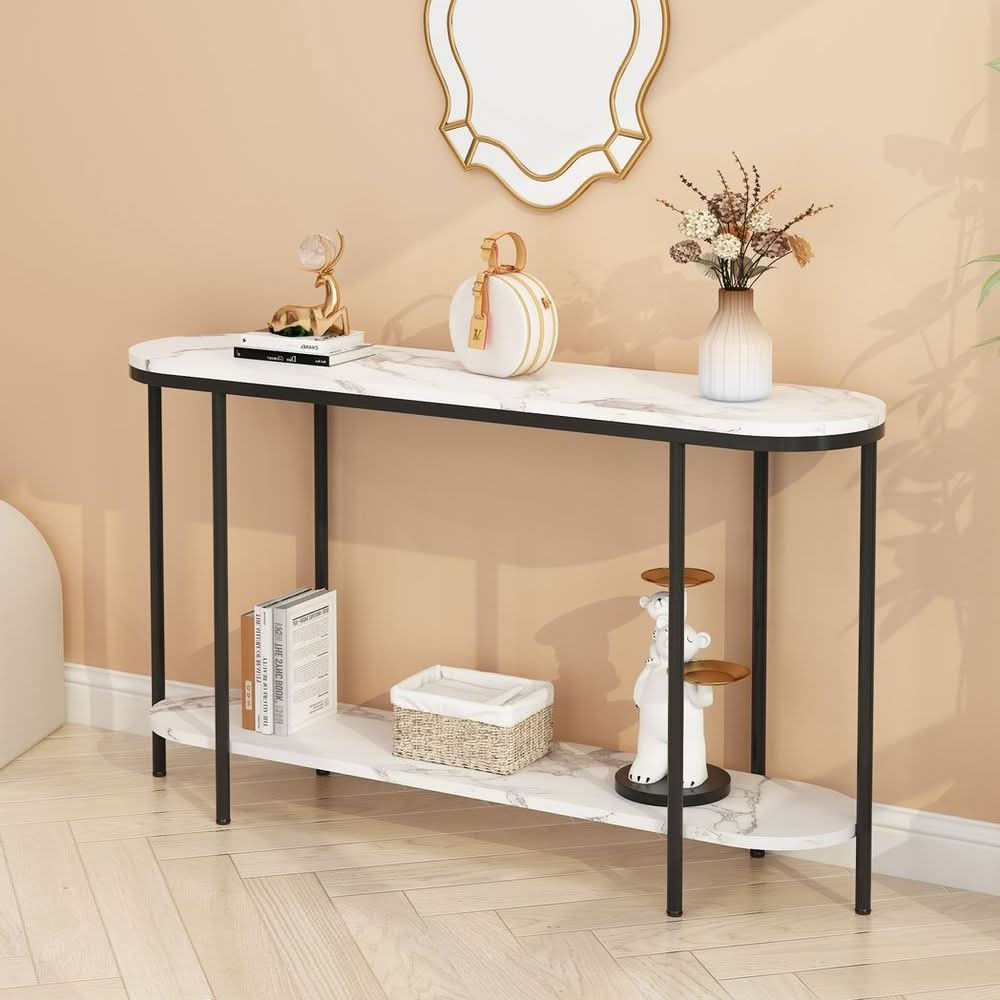 Console Table 2 Tier Narrow Entryway Table with Storage Shelves Faux Marble Narrow Table for Living Bedroom Hallway Office Easy Assembly, Black & White