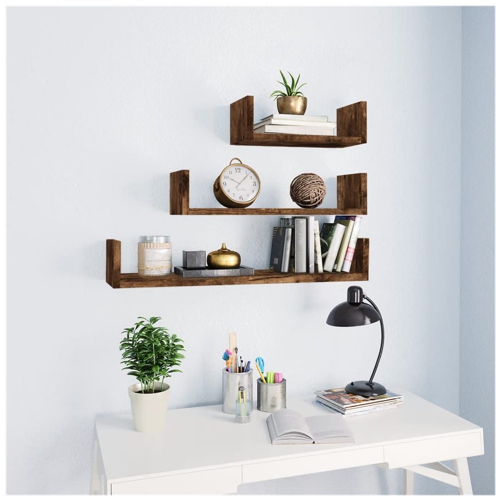 Wall Display Shelves 3 pcs Smoked Oak Engineered Wood