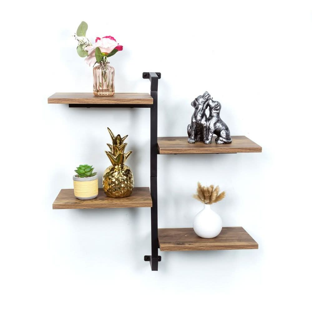 4 Tier Dark OAK Tall Multi Section Wall Shelf with Black Frame - PARGI