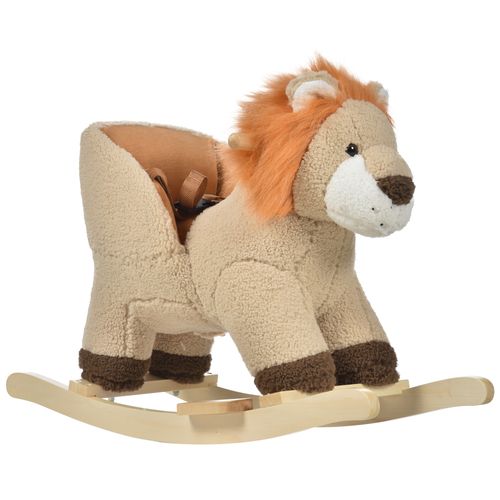 Kids Rocking Lion Plush Ride On Seat Sound Button Wood Base Seat Belt