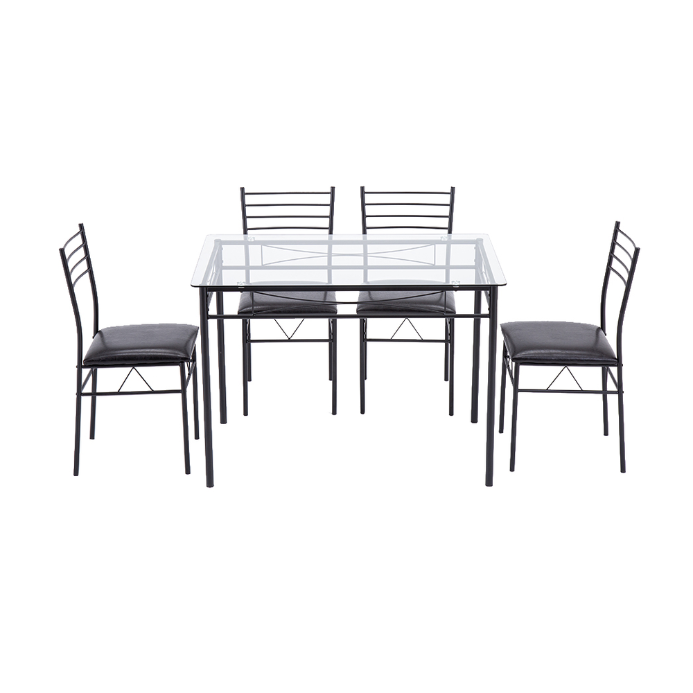 [110 x 70 x 76cm] Iron Glass Dining Table and Chairs Black One Table and Four Chairs PU Cushion