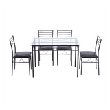 [110 x 70 x 76cm] Iron Glass Dining Table and Chairs Black One Table and Four Chairs PU Cushion