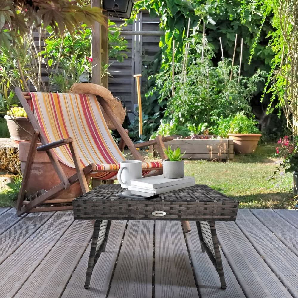 Foldable Outdoor Coffee Table, Metal Frame Rattan Side Table, Grey