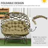 Outsunny 2 Seater Egg Chair Outdoor with Cushion, Cup Pockets - Khaki