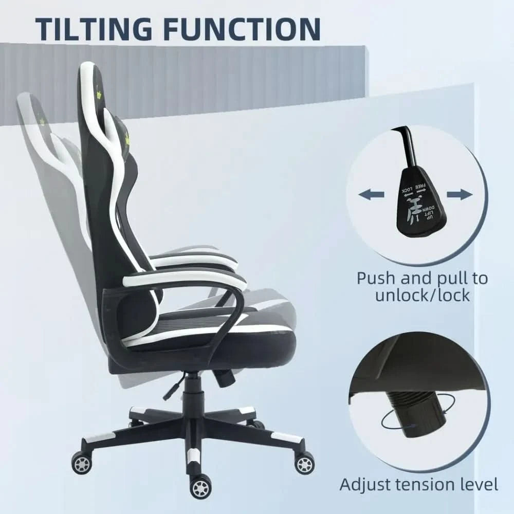 Racing Gaming Chair w/ Lumbar Support, Headrest, Gamer Office Chair, Black White