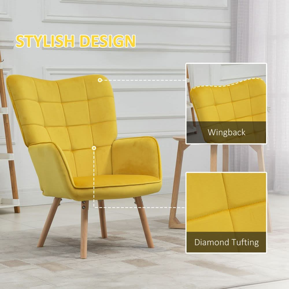 Modern Accent Chair Velvet-Touch Tufted Wingback Armchair, Yellow