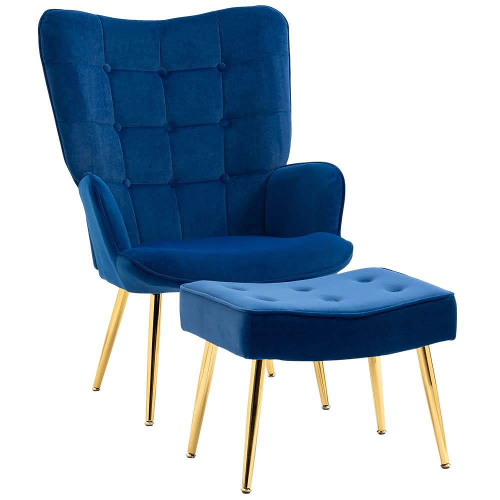 Button Tufted Armchair with Footstool and Gold Tone Steel Legs Dark Blue