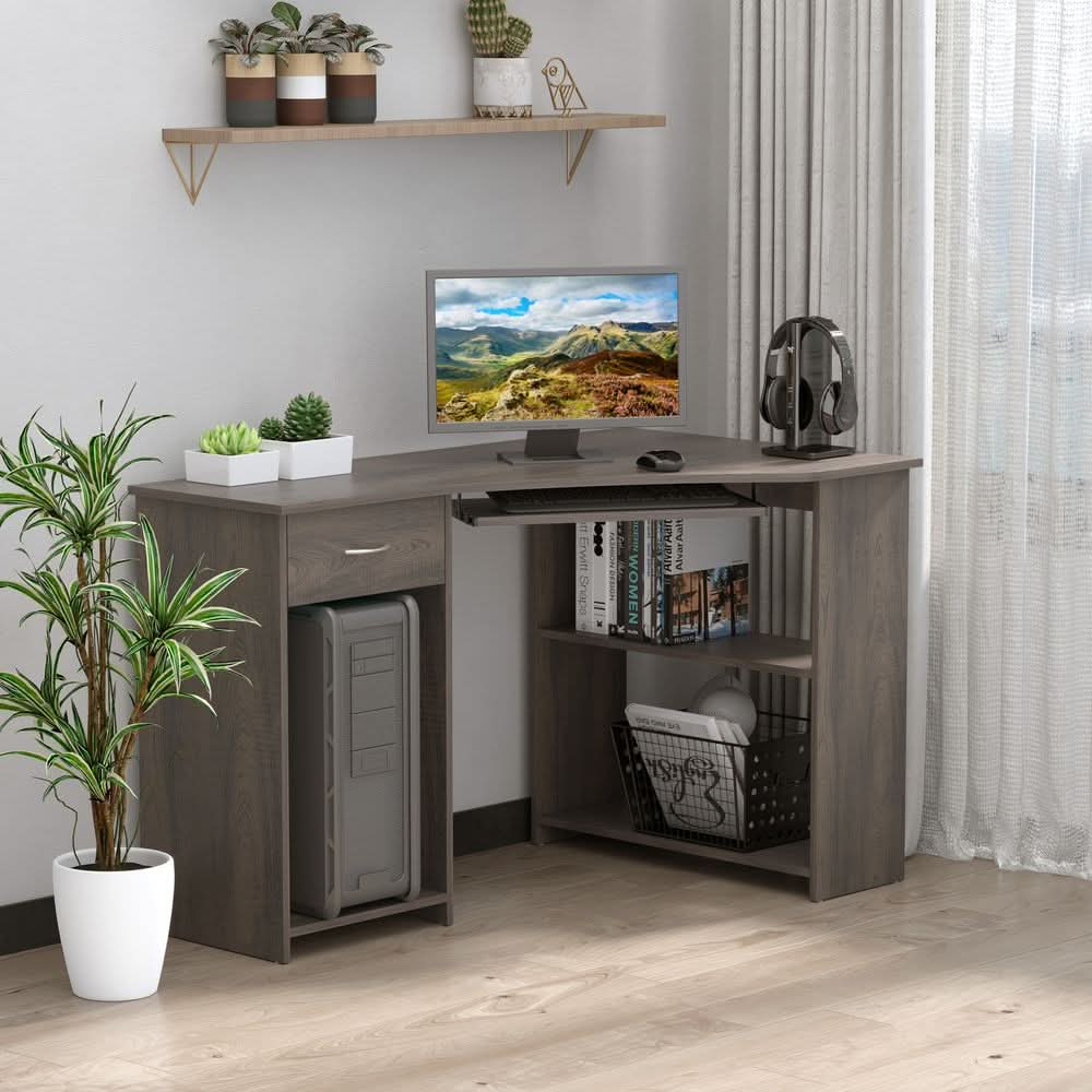 L-Shaped Corner Computer Desk & 2-Tier Side Shelves Wide Table Top Grey