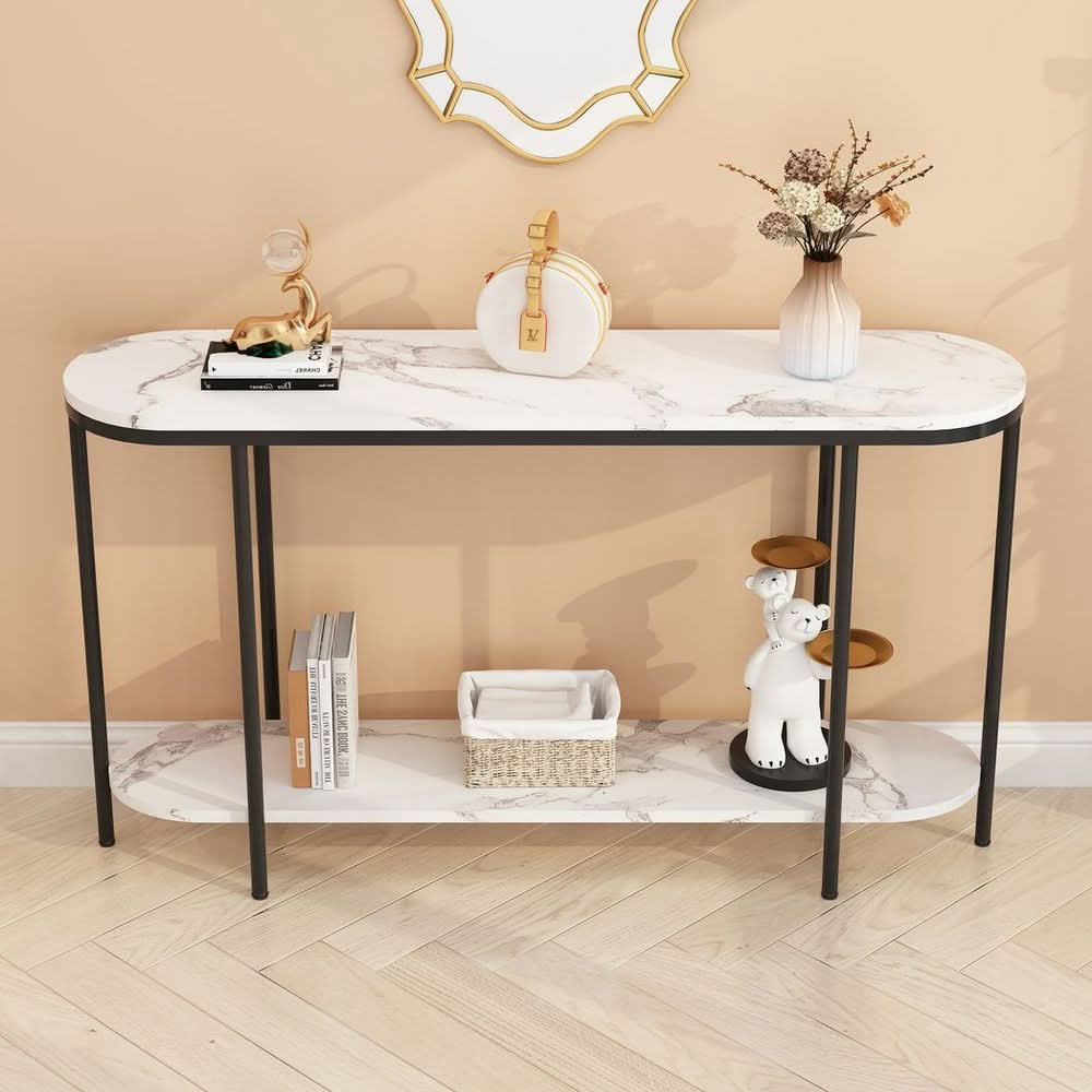 Console Table 2 Tier Narrow Entryway Table with Storage Shelves Faux Marble Narrow Table for Living Bedroom Hallway Office Easy Assembly, Black & White