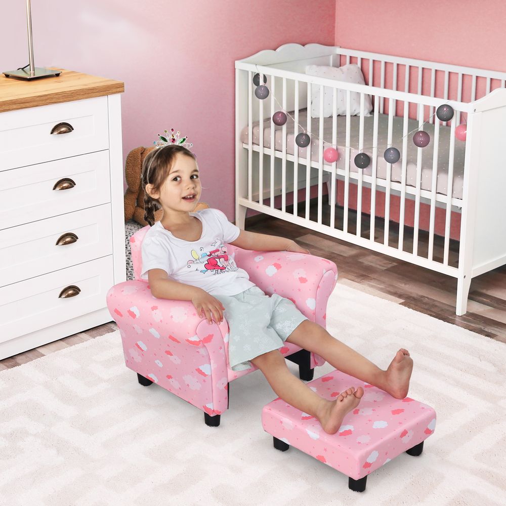 Cute Cloud Star Kids Children Armchair Mini Seat Wood w/ Footrest Padding Pink