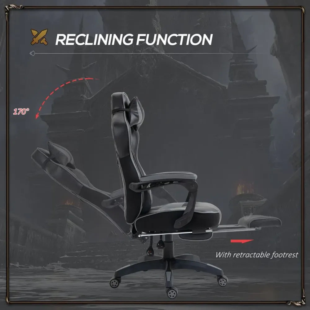 Gaming Chair Ergonomic Reclining w/ Manual Footrest Wheels Stylish Office Grey