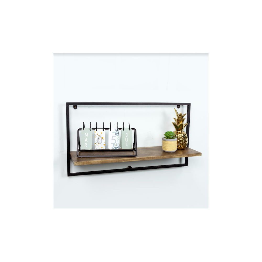 Wide Dark OAK Floating Wall Shelf with Black Frame