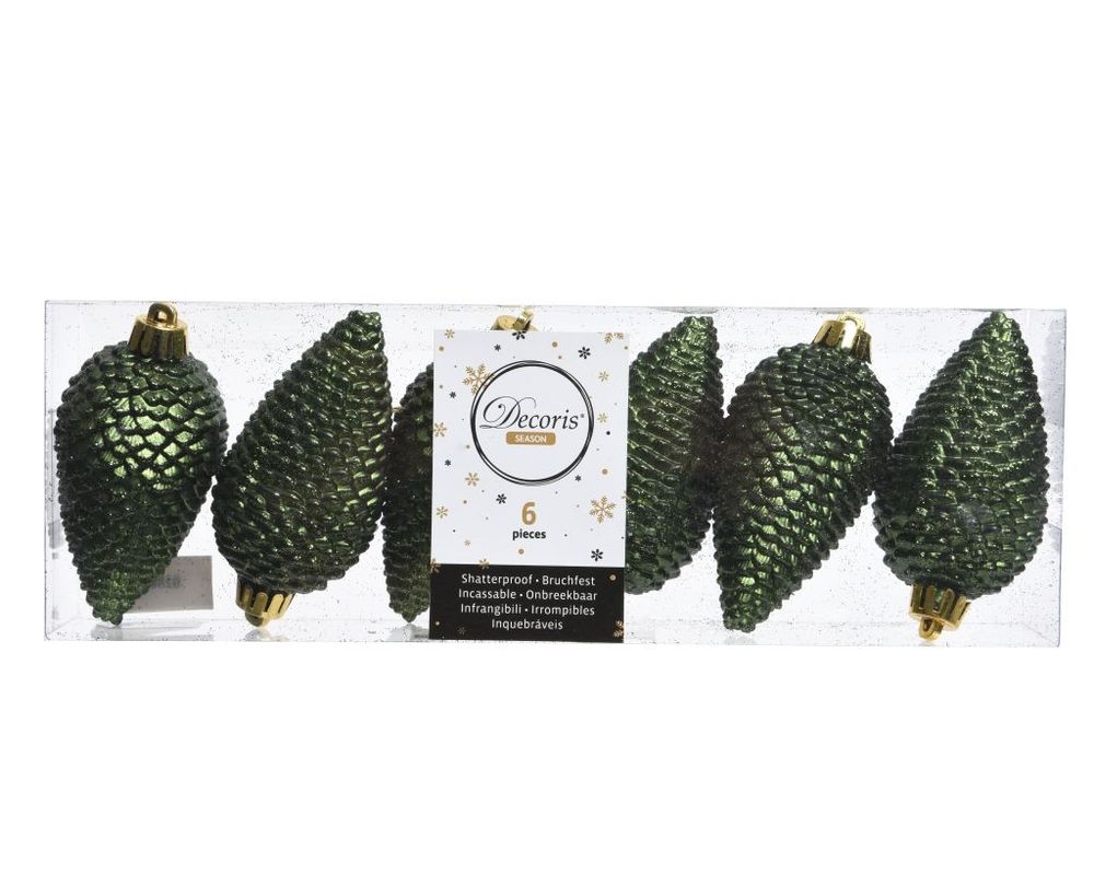 Shatterproof Pine Green Glitter Pine Cone 8cm Pack of 6 - Christmas Tree Decoration