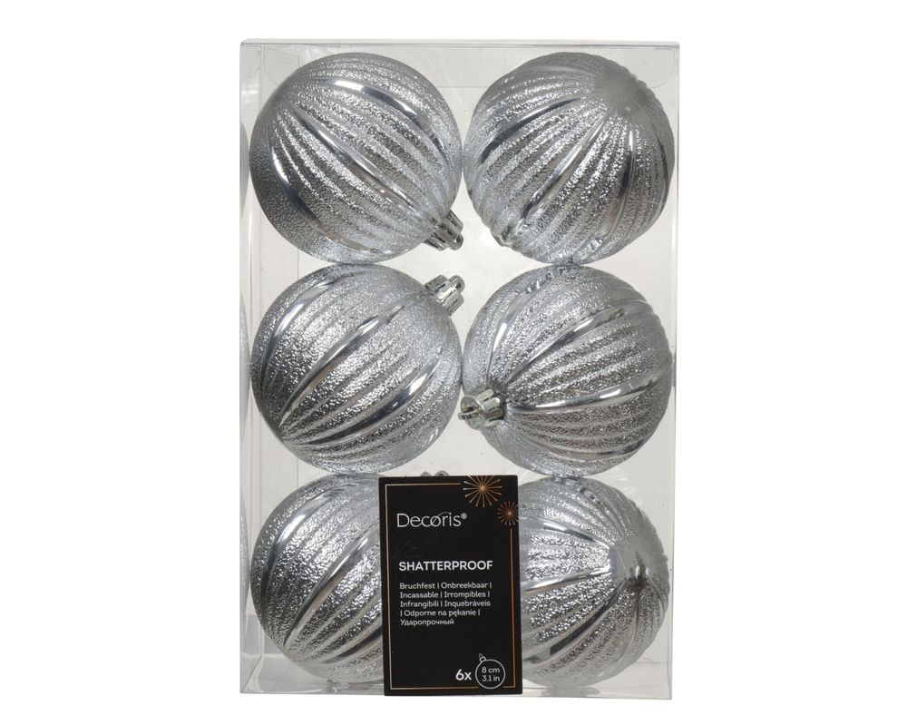 Shatterproof Ridge Bauble Silver  8cm Pack of 6 - Christmas