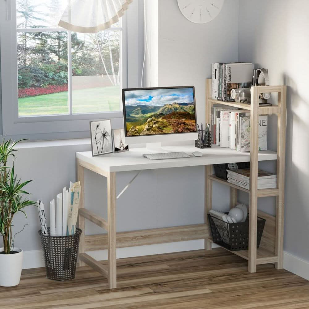 Rectangle Desk with Book Shelf Display Table Home Office, Wood Grain