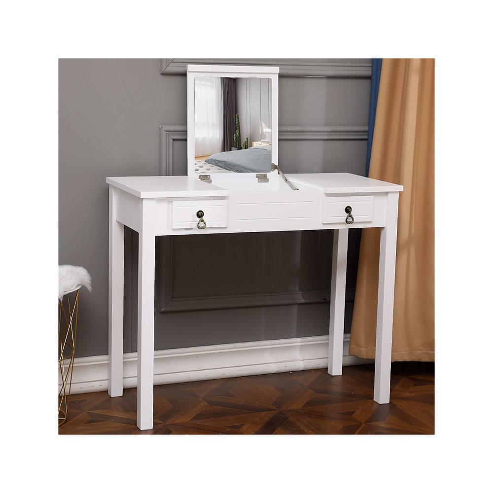 【】Flip Single Mirror Double Drawers Straight Feet Dresser White