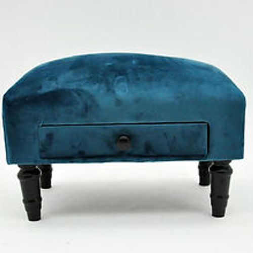 BLUE VELVET FOOTSTOOL WITH DRAWER