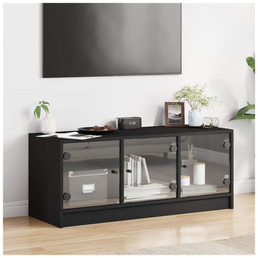 TV Cabinet with Glass Doors Black 102x37x42 cm