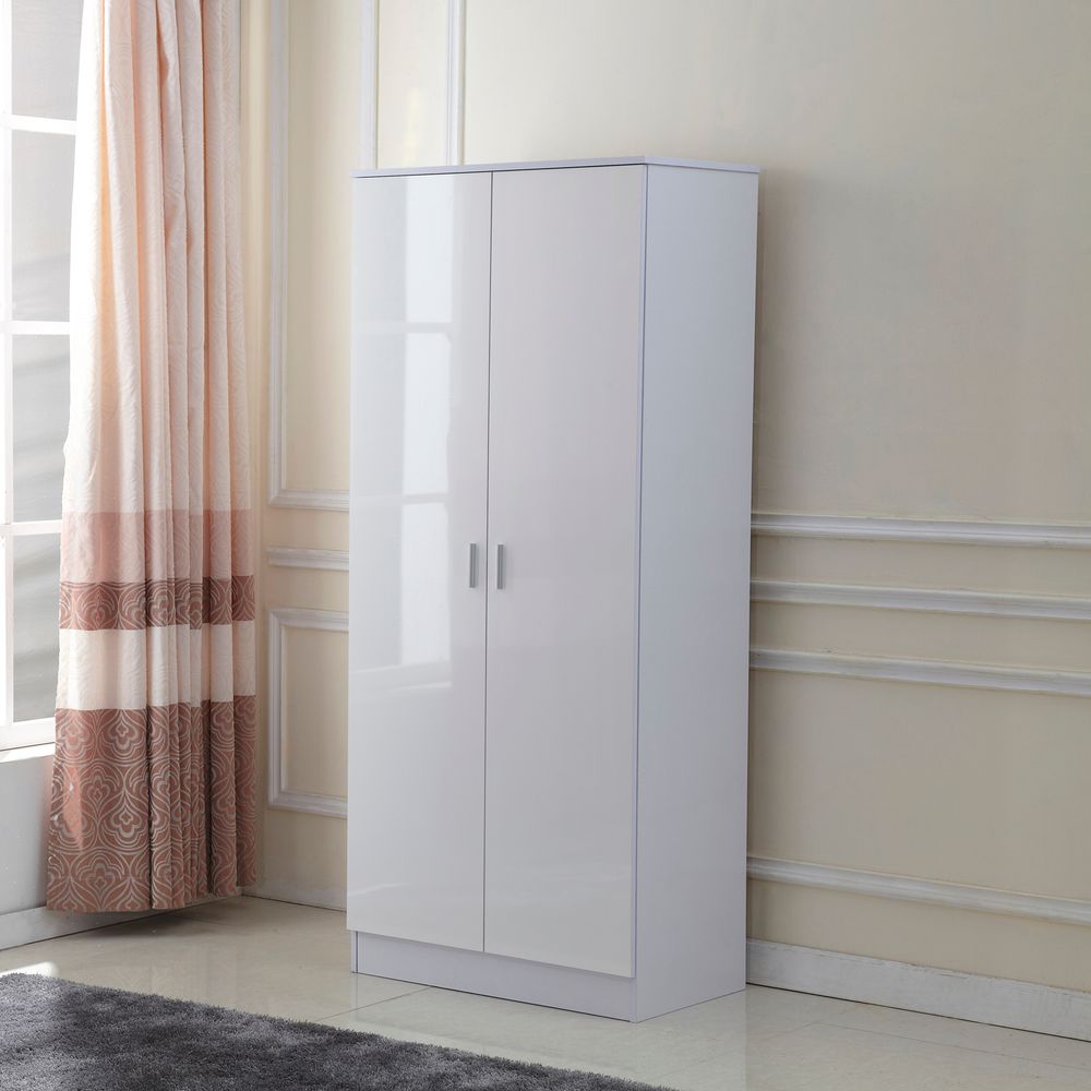 Tall White High Gloss Wardrobes 3 Pc Chest Bedside Table 7 Drawer