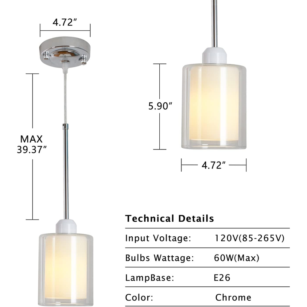 Glass Pendant Light, Modern Pendant Lighting for Kitchen Island, Farmhouse Mini Pendant Lamp with Chrome Nickel Adjustable for Dining Room, Sink, Double Cylinder