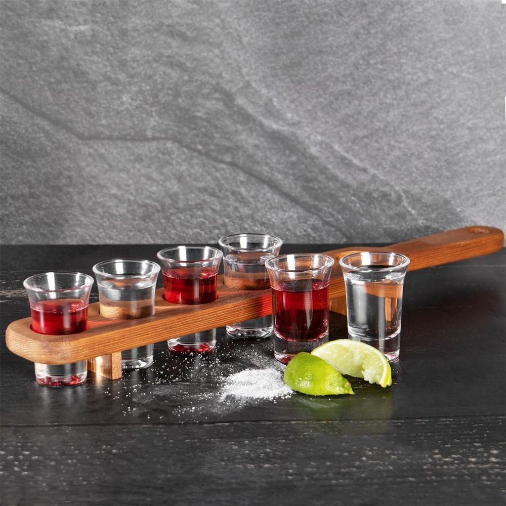 Wooden Drinks Paddle with 6 Shot Glasses | M&W