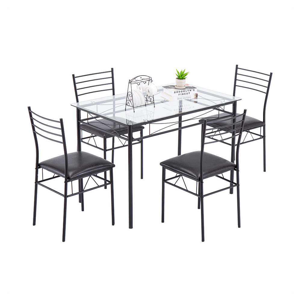 [110 x 70 x 76cm] Iron Glass Dining Table and Chairs Black One Table and Four Chairs PU Cushion