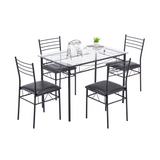 [110 x 70 x 76cm] Iron Glass Dining Table and Chairs Black One Table and Four Chairs PU Cushion