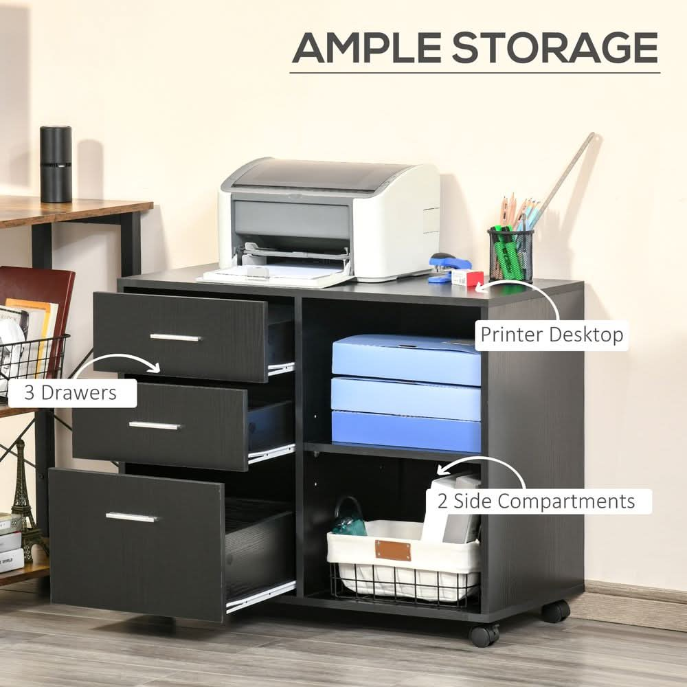 Freestanding Storage Cabinet  3 Drawers 2 Shelves 4 Wheels Office Black