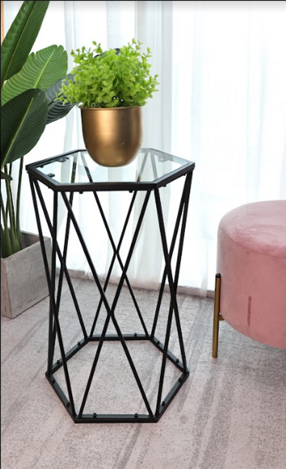 Hexagon Tempered Glass Black Side Table (Small) - SLENDER