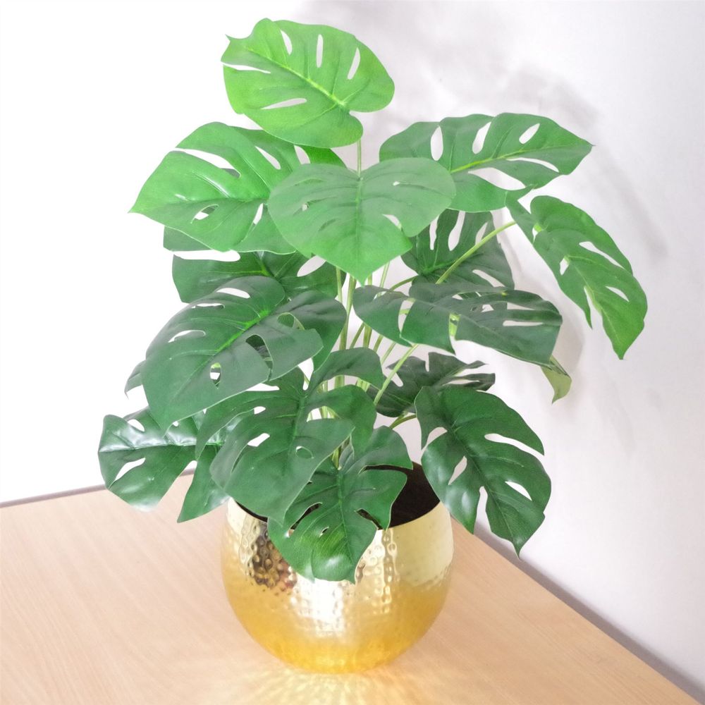 60cm Artificial Monstera Plant with Golden Metal Planter Included