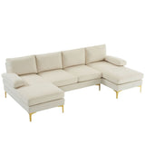 280*130*85 U-Shaped 4-Seat Linen Seat Frame Wooden Frame Back Iron Frame Golden Feet Indoor Modular Sofa Beige