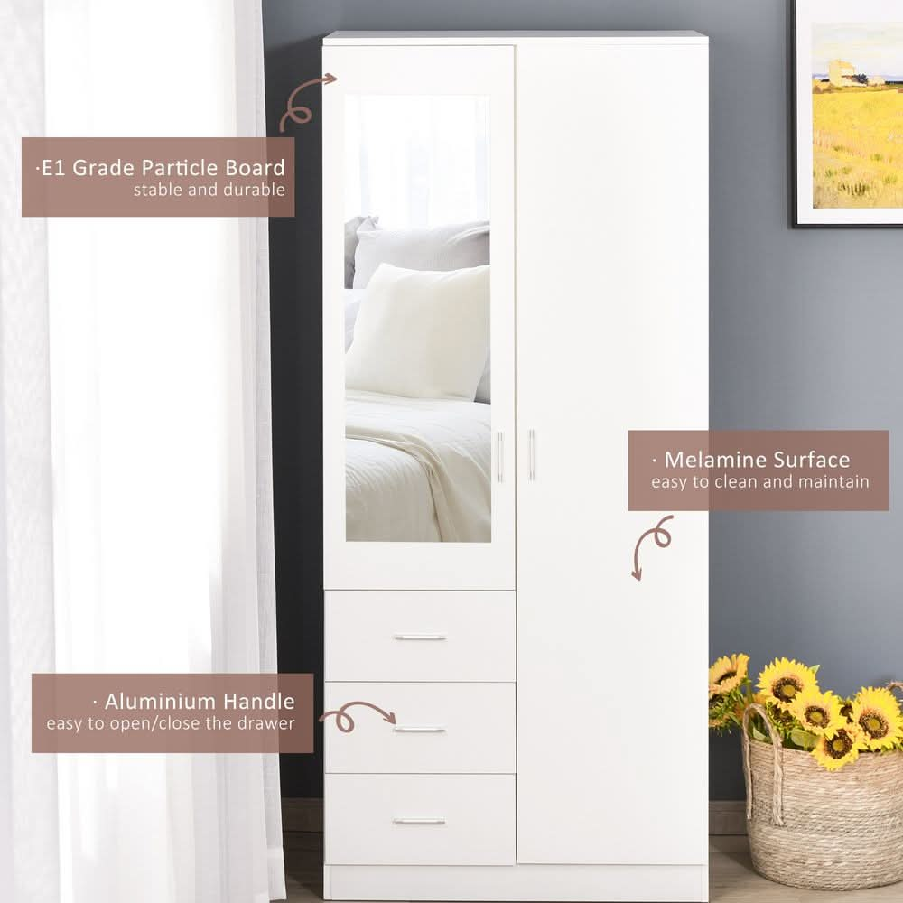 2-Door Wardrobe w/ Adjustable Shelf 3 Drawers for Bedroom, 180cm, White