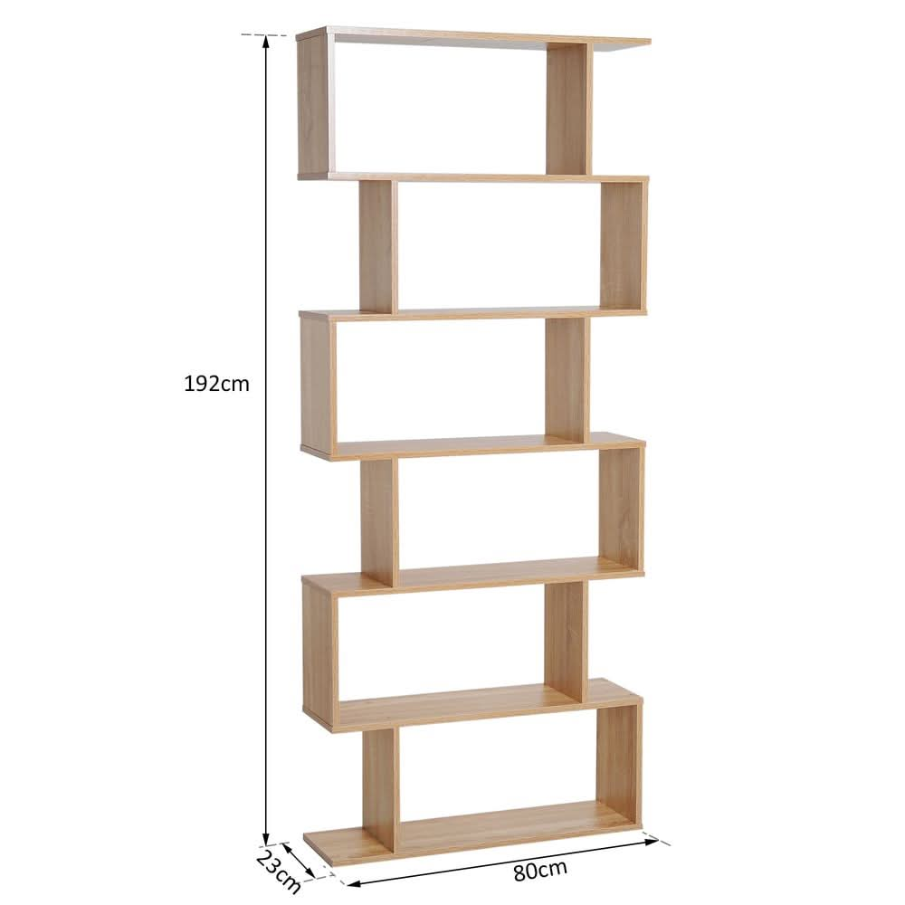 6-Tier Wooden Modern S-Shaped Shelf Storage Unit Home Office Oak Colour