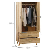 2 Door Wardrobe, Modern Wardrobe w/ 2 Drawer, Hanging Rail for Bedroom Natural