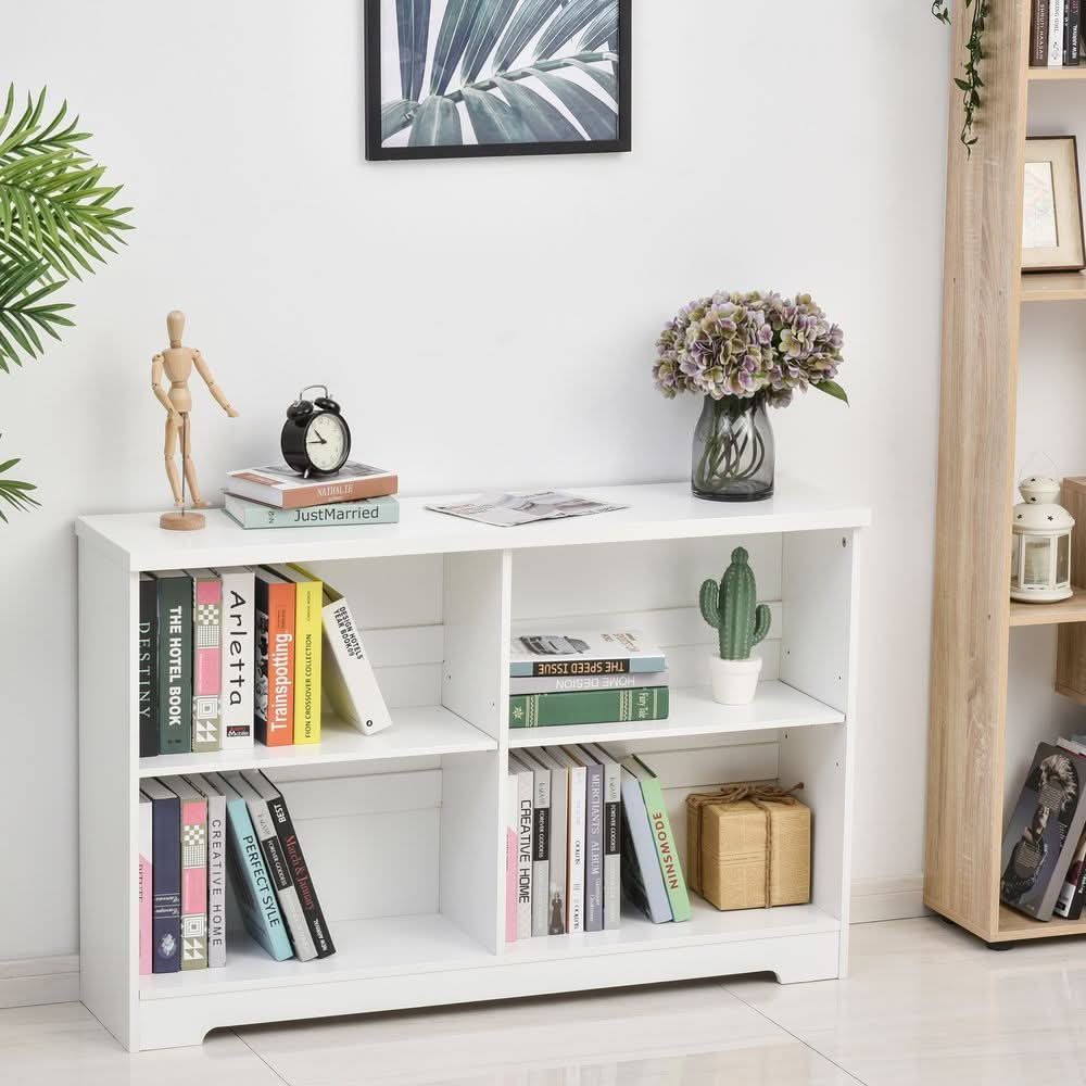 Simple Modern 4-Compartment Low Bookcase w/ Shelves Cube Display Office