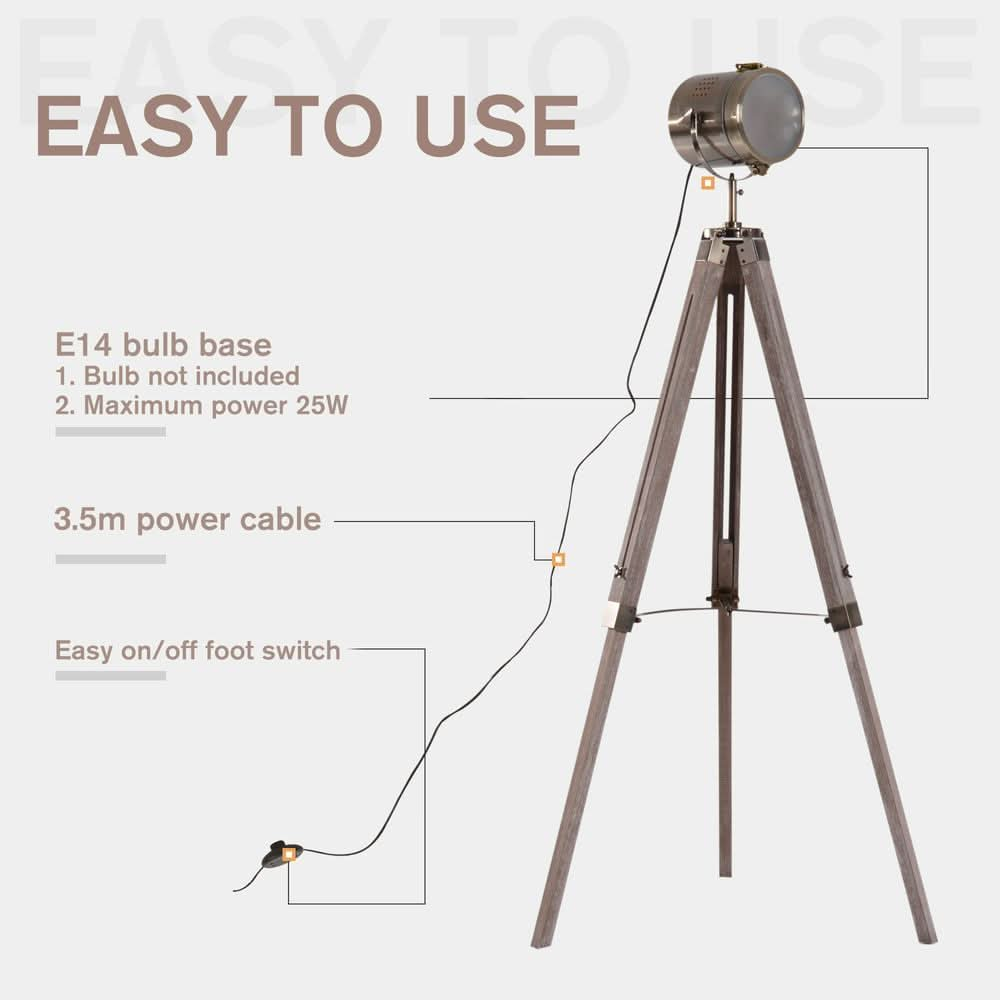 Tripod Floor Lamp, 65L,Wood/Bronze Colour