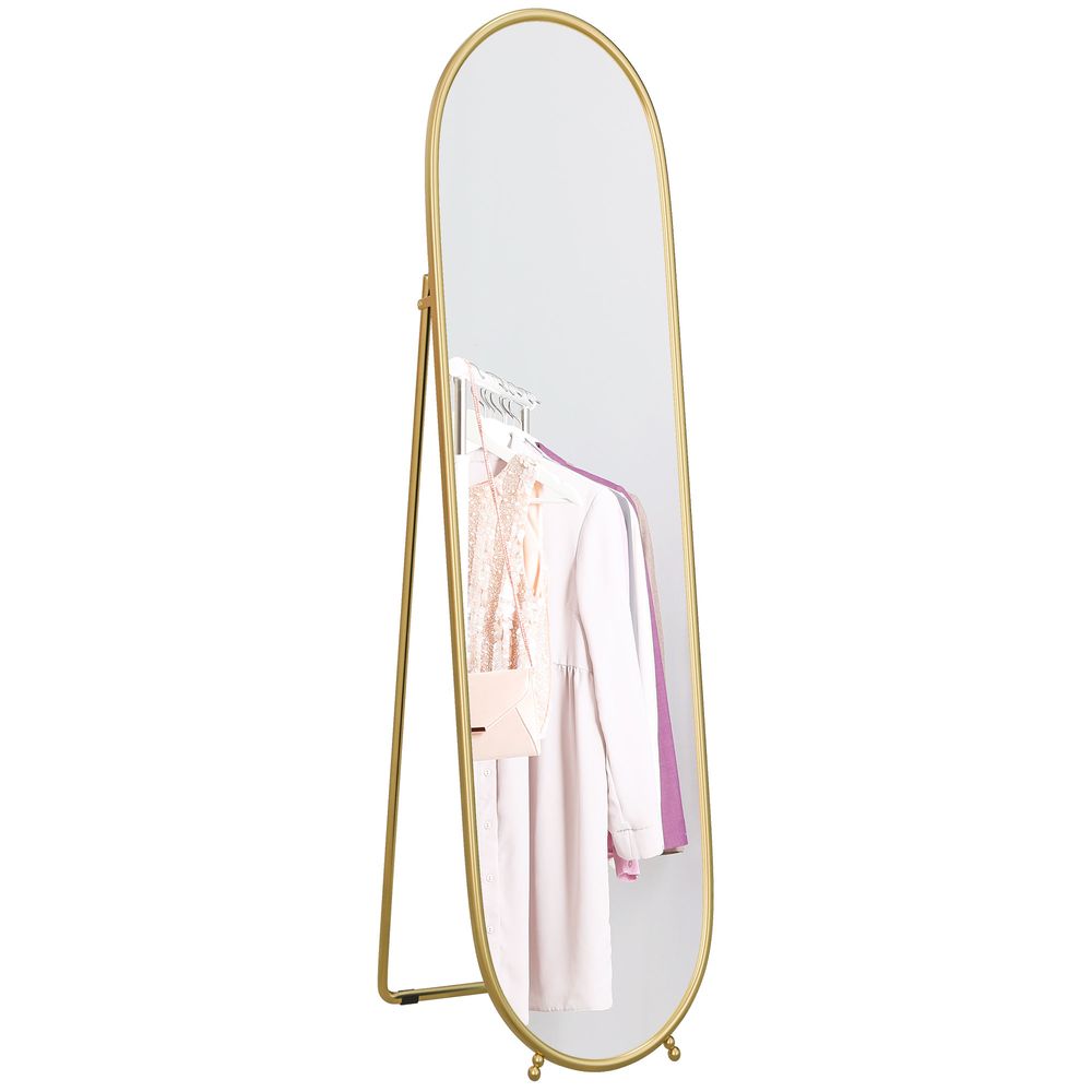 HOMCOM Oval Full Length Mirror with Metal Frame Hanging or Leaning Gold Tone