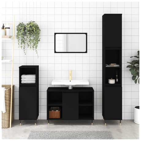 3 Piece Bathroom Furniture Set Black Engineered Wood