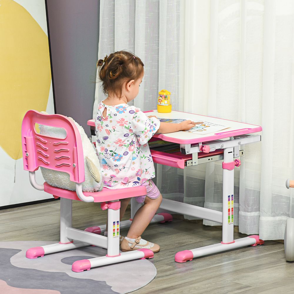 Kids Desk and Chair Set, Height Adjustable Desk with Drawer, Pen Slot, Hook