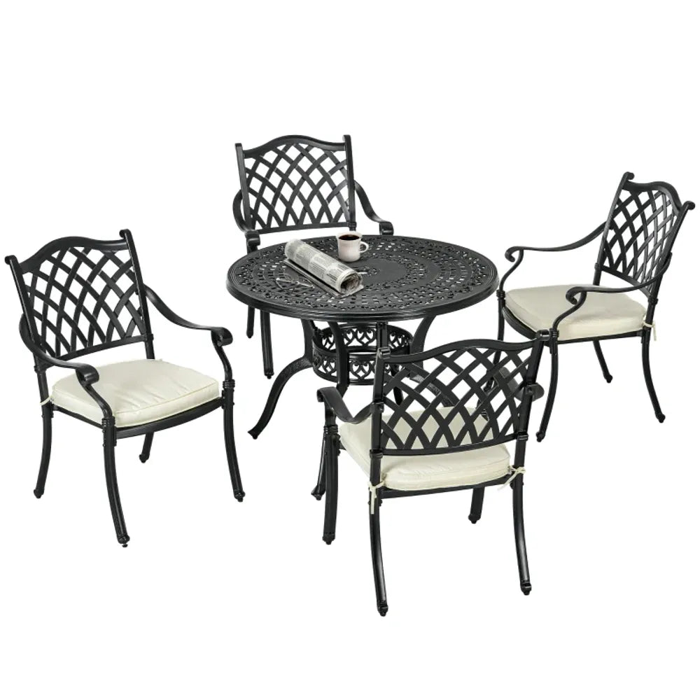 4 Seater Dining Set with Cushions Round Dining Table with Parasol Hole, Bronze