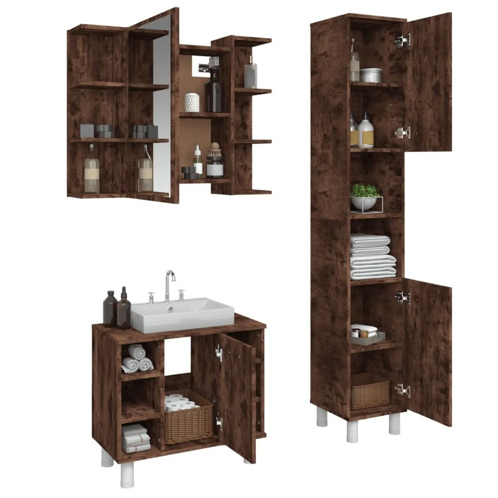 3 Piece Bathroom Cabinet Set Smoked Oak Engineered Wood